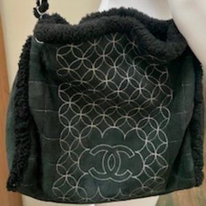 Chanel Embroidered CC Chain Tote Black Quilted Suede and Shearling